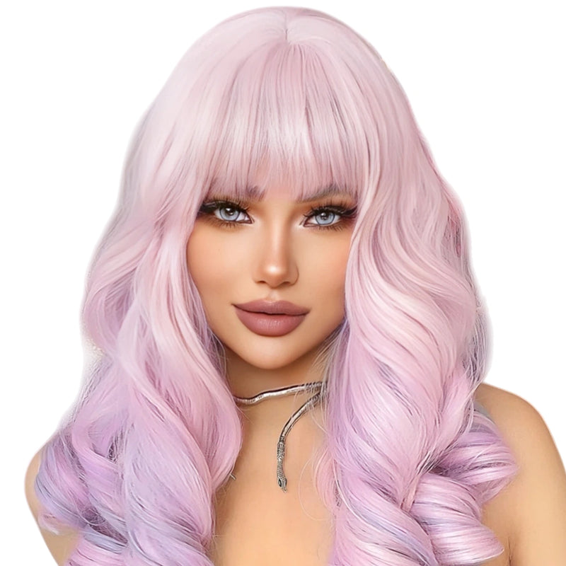 22Inch Cherry Blossom Pink Color Synthetic Wigs With Bang Long Natural Curly Hair Wig For Women Cosplay Party Heat Resistant