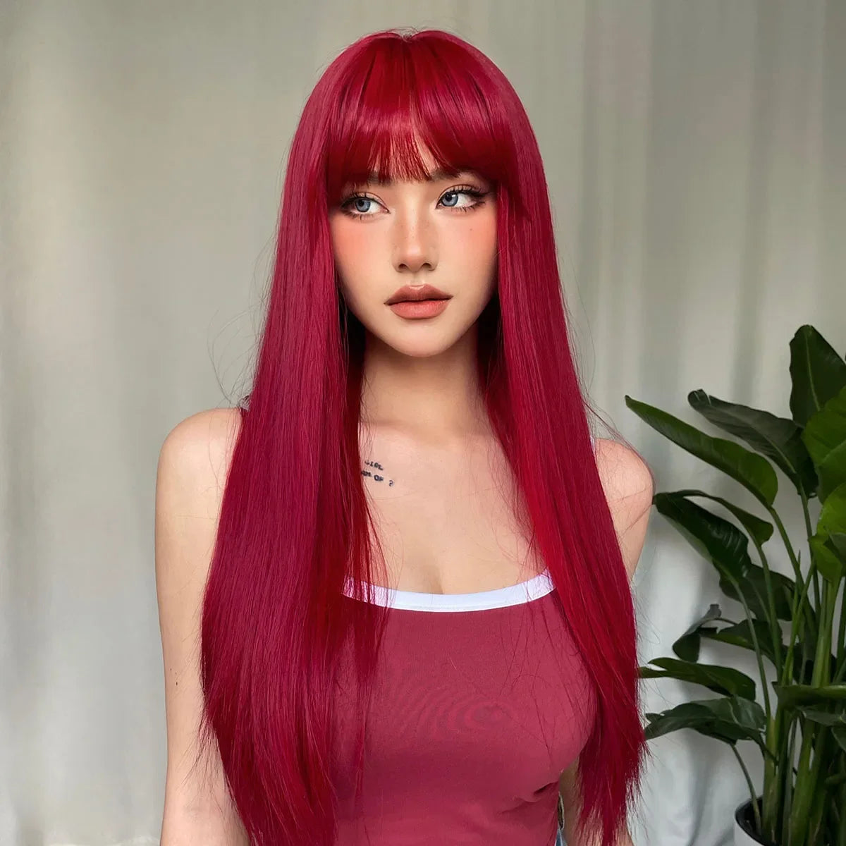 Synthetic Straight Wigs with Bangs Long Silky Heat Resistant Fiber Hair Full Machine Wig Cosplay Party Wig For Fashion Women