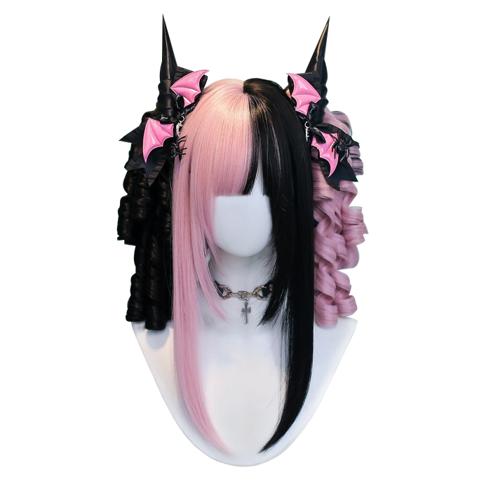 Short Wavy Harajuku Style Cosplay Wig – Black & Pink Synthetic Wig
