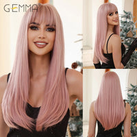 Ombre Light Pink Blonde Long Straight Wig Synthetic Colorful Lolita Cosplay Hair Wigs with Bangs for Women Heat Resistant