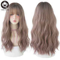 Long Wavy Curly Black Blonde Hair Highlights Synthetic Blend Wigs With Fluffy Bangs Daily Wear