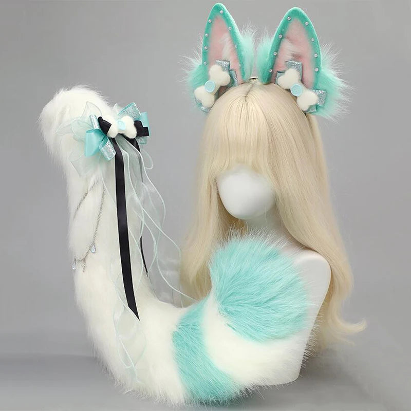 Hand-made Realistic Fluffy Fox Ear Headwear Faux Fur Wolf  Tail Plush Cat Claw Gloves Lolita Anime Exhibition Cosplay Props