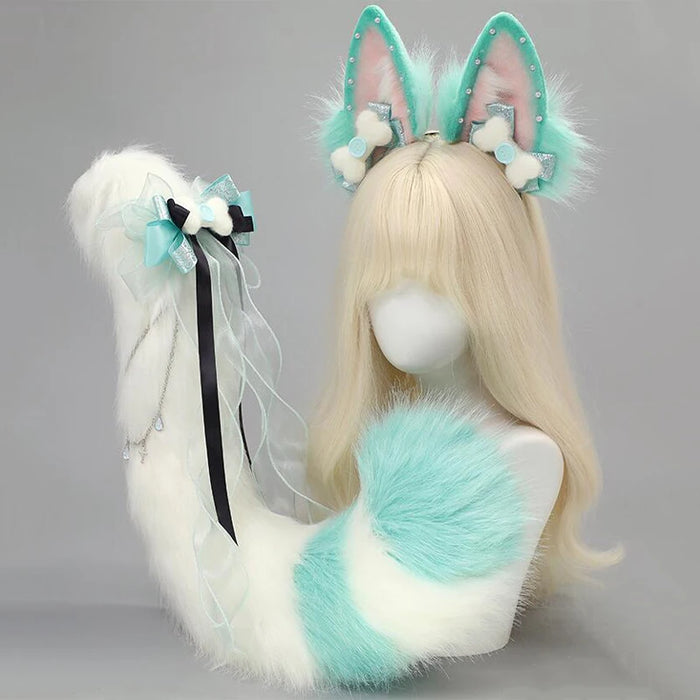 Hand-made Realistic Fluffy Fox Ear Headwear Faux Fur Wolf  Tail Plush Cat Claw Gloves Lolita Anime Exhibition Cosplay Props