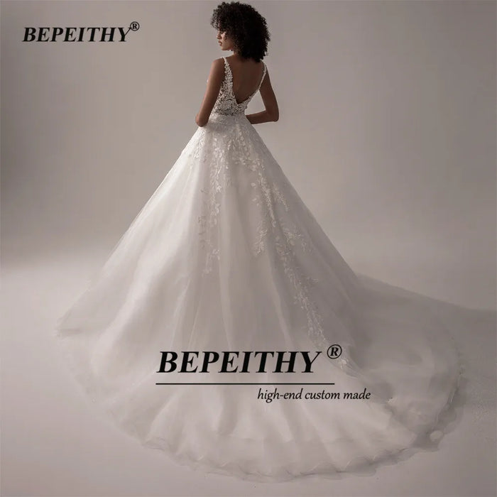 BEPEITHY Vestido De Noiva V Neck Sleeveless Wedding Dresses 2022 For Women A Line Ivory Lace Romantic Bride Boho Bridal Gown