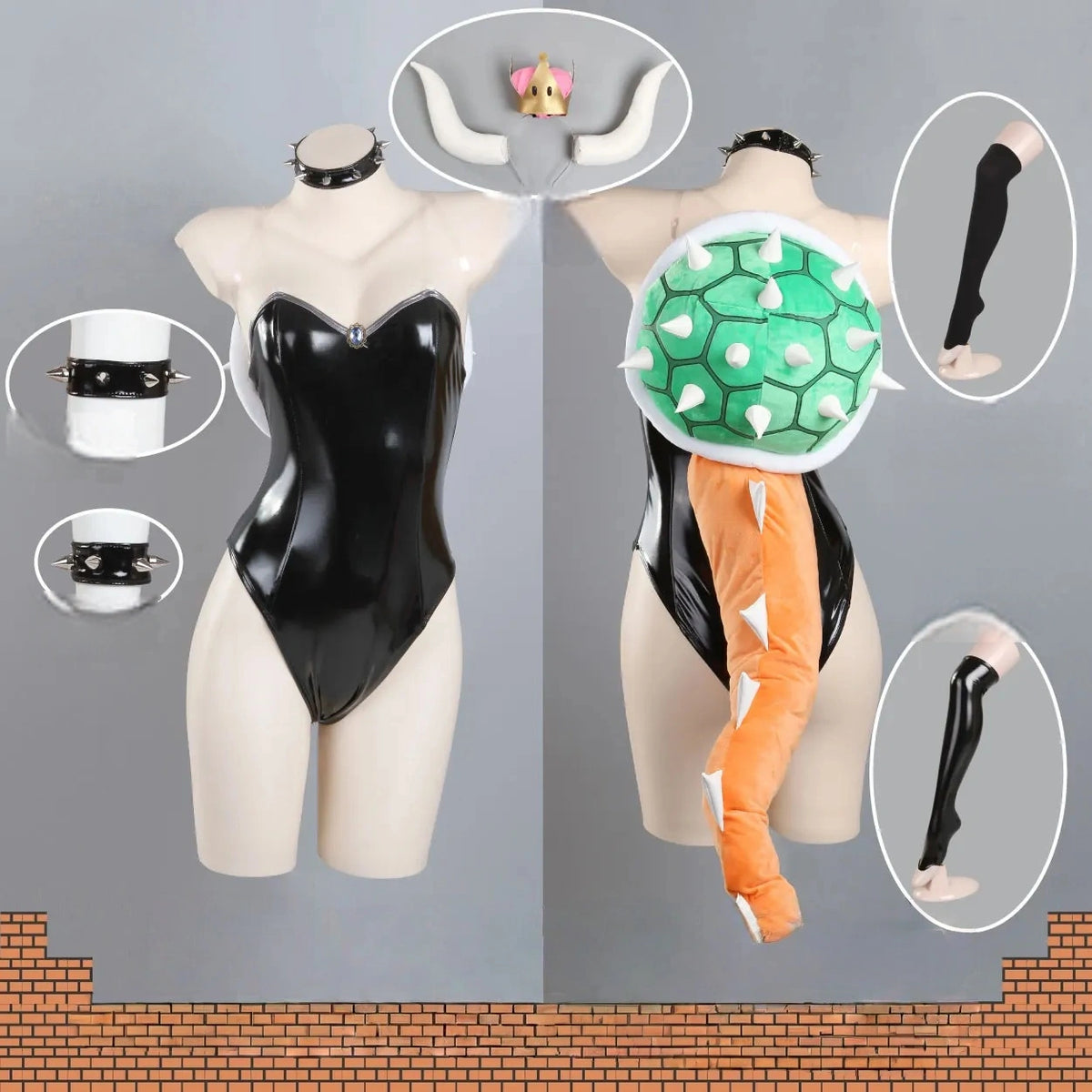 Black Wet-Look Monster Queen Cosplay Costume Set with Horns, Spiked Shell & Tail