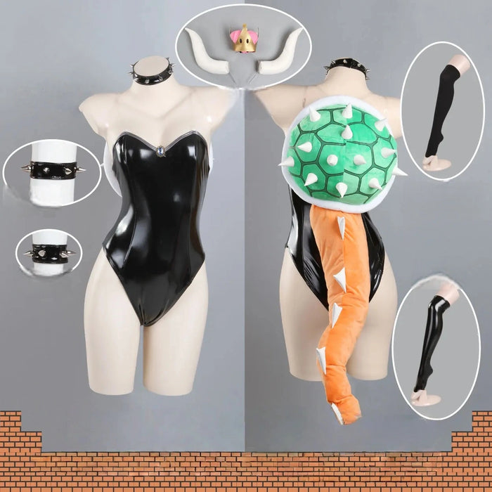 Black Wet-Look Monster Queen Cosplay Costume Set with Horns, Spiked Shell & Tail