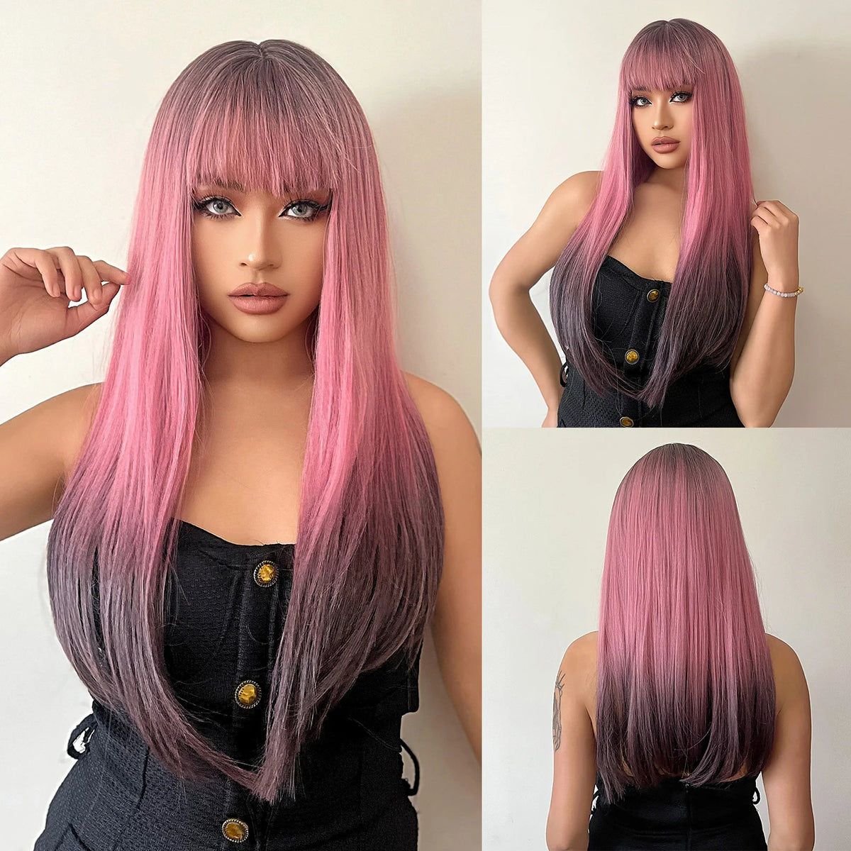 Ombre Light Pink Blonde Long Straight Wig Synthetic Colorful Lolita Cosplay Hair Wigs with Bangs for Women Heat Resistant