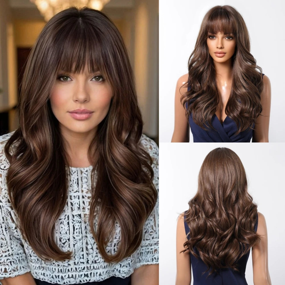 Brown Wavy Wigs for Women with Bangs Long Natural Synthetic Hair Wig Daily Cosplay Heat Resistant