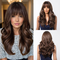 Brown Wavy Wigs for Women with Bangs Long Natural Synthetic Hair Wig Daily Cosplay Heat Resistant