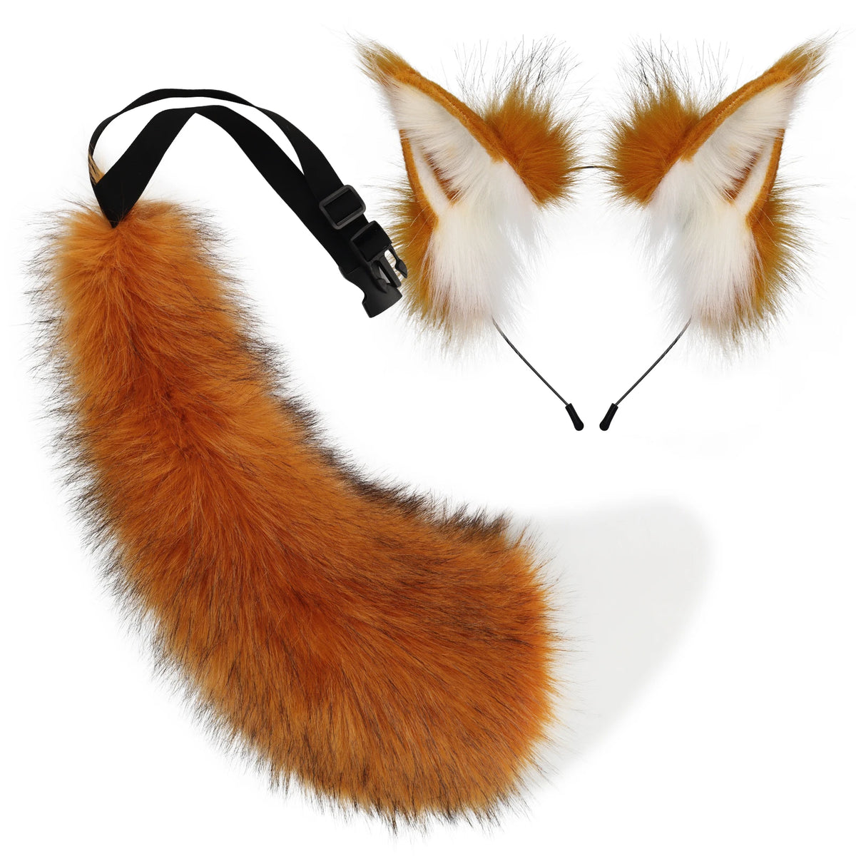 2 PCS Faux Fur Animal Ears Headband Furry Fox Wolf Tail Costume Set for Party Cosplay