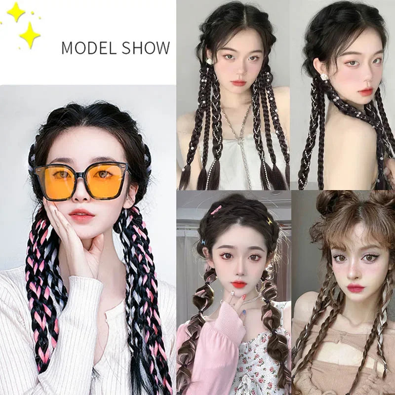 2pcs/set Synthetic Bubble Twist Ponytail High Elastic Wig Woman Style Hair Side Natural Lantern Braid Black Hous Tail Hairpiece