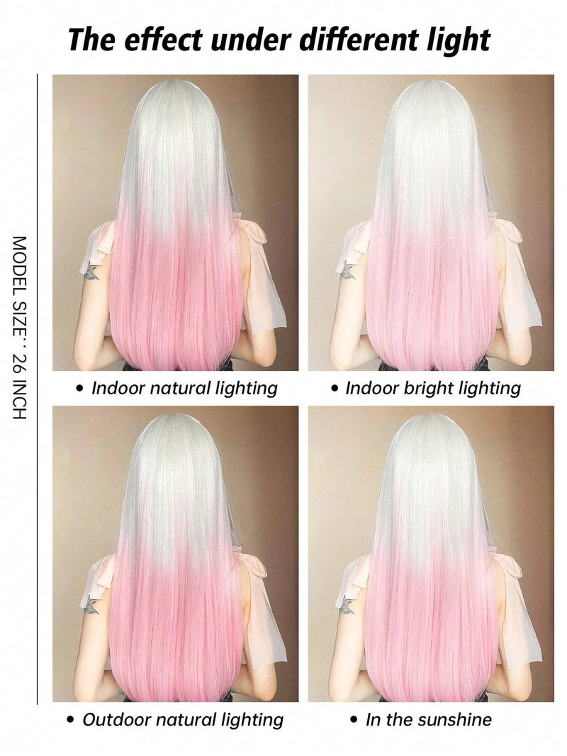 Ombre Light Pink Blonde Long Straight Wig Synthetic Colorful Lolita Cosplay Hair Wigs with Bangs for Women Heat Resistant