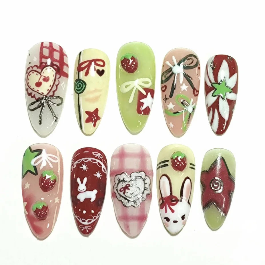 24PCS Wine Red Almond Press-On Nails – Cute Rabbit Bow Plaid Pearl French Fake Nails