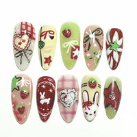 24PCS Wine Red Almond Press-On Nails – Cute Rabbit Bow Plaid Pearl French Fake Nails