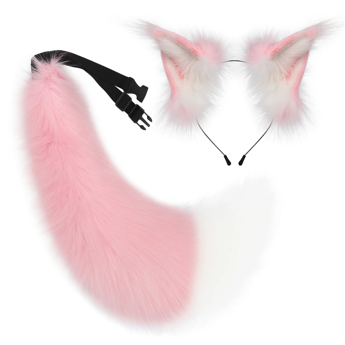 2 PCS Faux Fur Animal Ears Headband Furry Fox Wolf Tail Costume Set for Party Cosplay