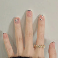 24Pcs Pink Cat Eye Press On Nails – Short Ballet French Style with Bow & Star Designs