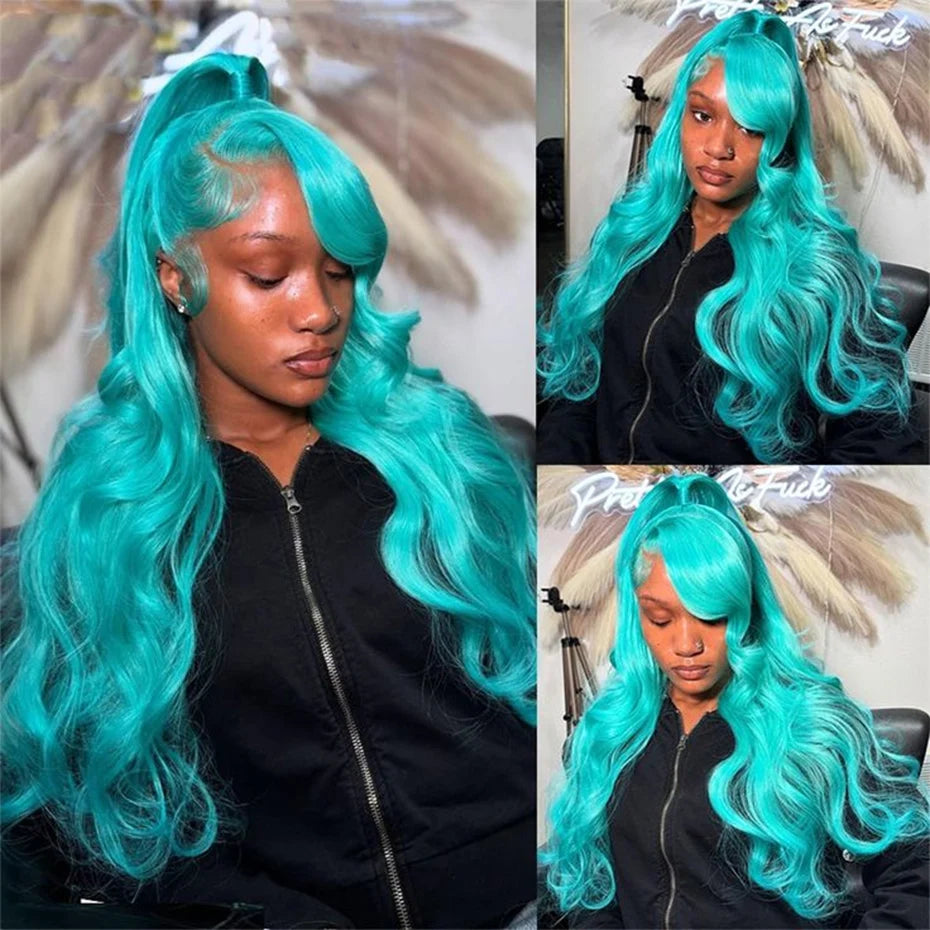 Teal Color Human Hair Wig – 13x6 Lace Front Body Wave