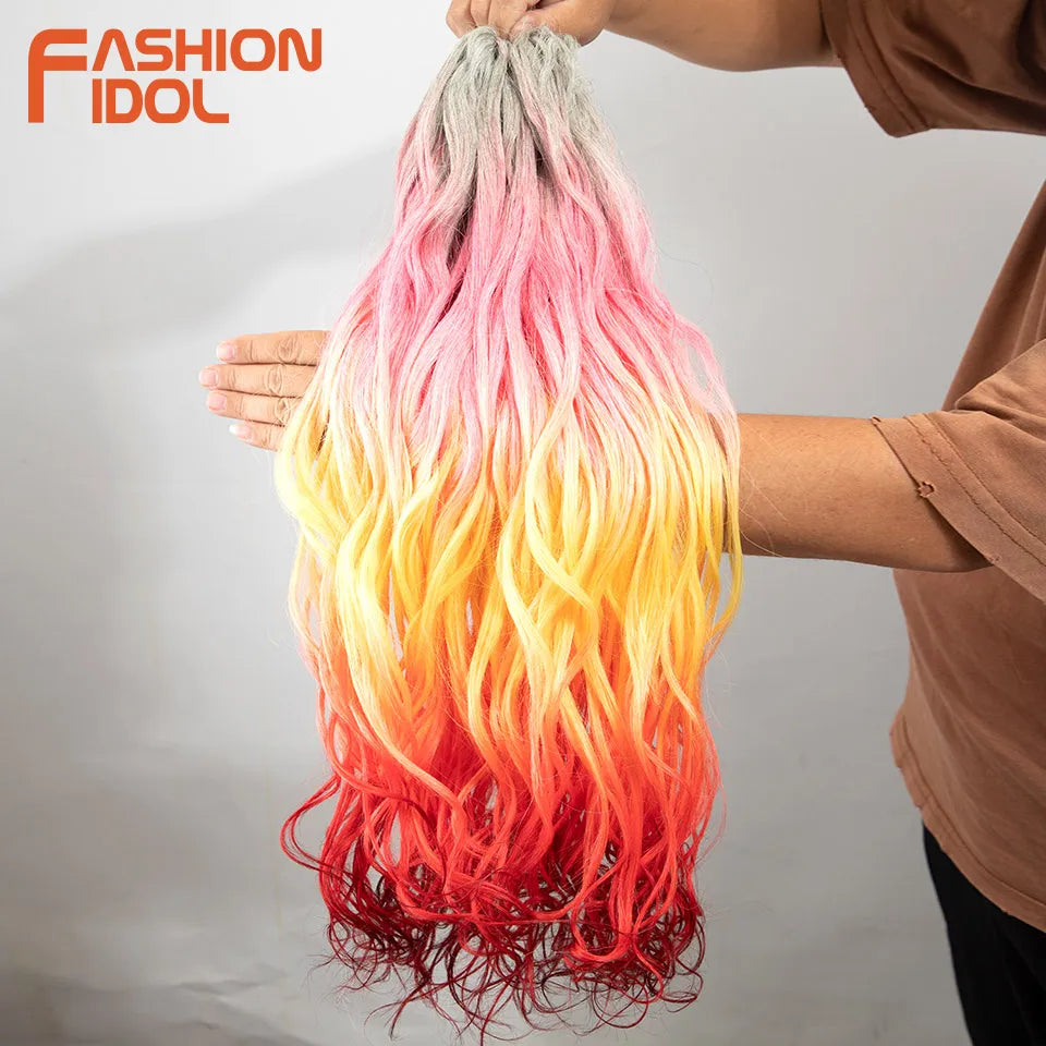 24inch 300g/3pcs Ombre Pink Orange Red Crochet Hair Extensions Total Heat Resistant Synthetic Wavy Braiding Hair
