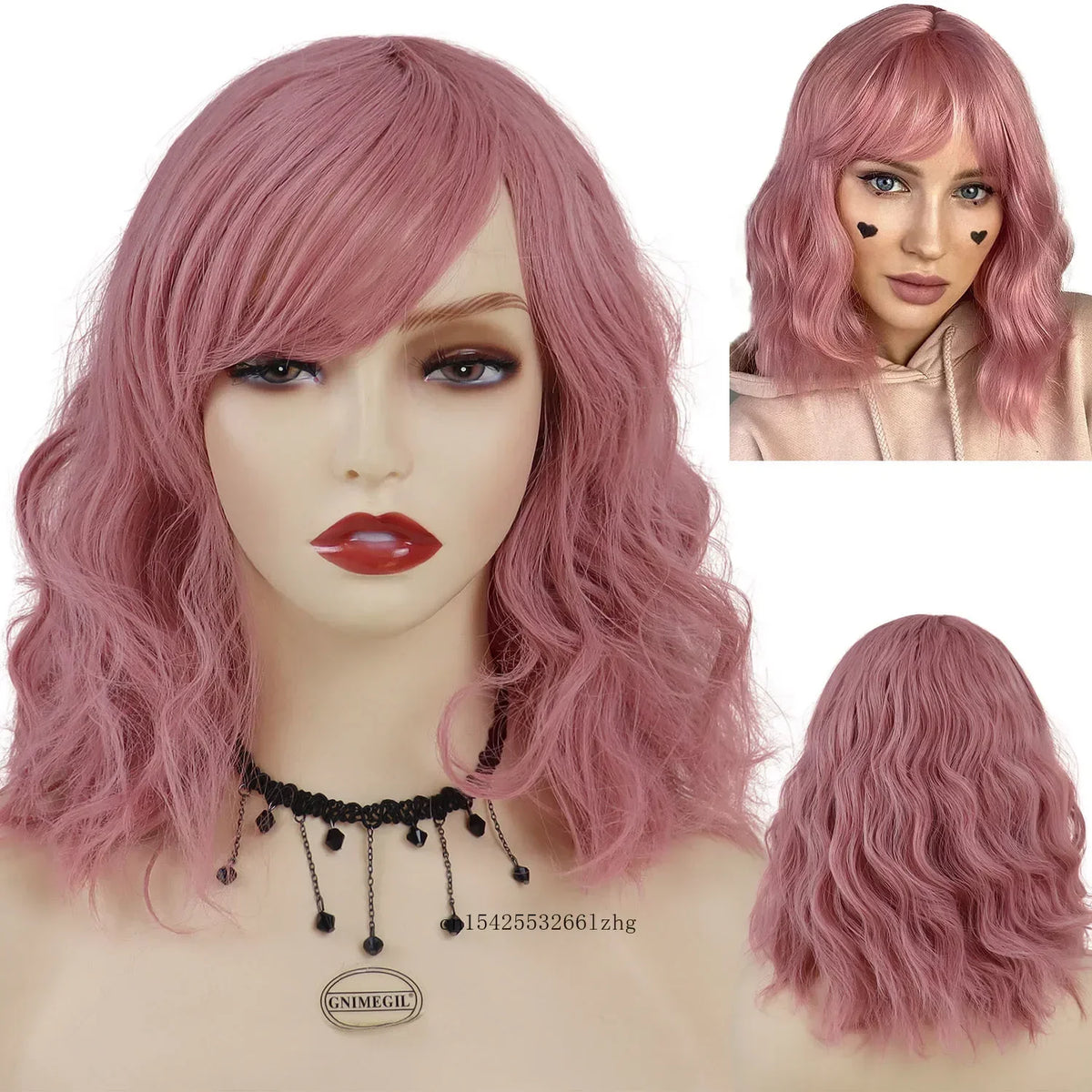 Light Purple Pink Bob Wig with Bangs – Synthetic Straight Cosplay Wig for Women