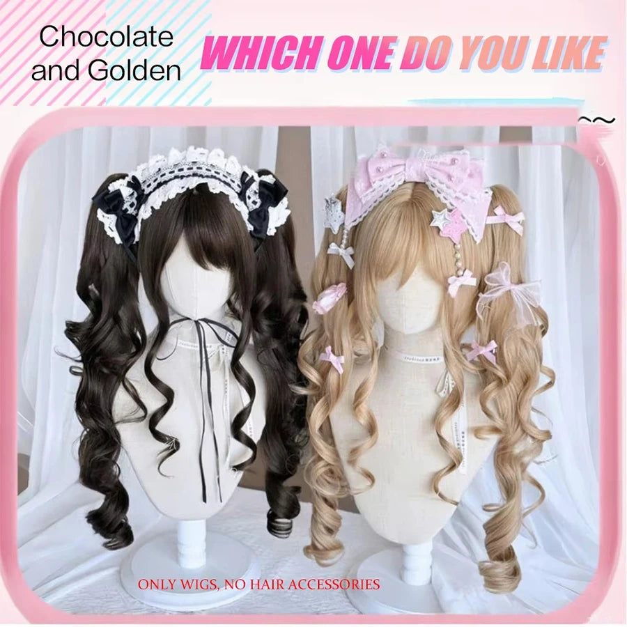 Long Wave Cosplay Wig with Double Ponytail For Women Daily Party Lolita Synthetic Wigs Gold/Chocolate Heat Resistant Hair