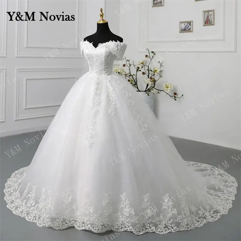 Y&M Novias Off Shoulder Plus Size Vestido De Noiva Wedding Dress Long Train or Floor Appliqes Pearls Bridal Tulle Mariage