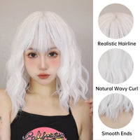 Short Curly Wavy White Synthetic Wig White Lolita Hair Wig with Bangs for Women Natural Cosplay Party Halloween Heat Resistant