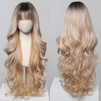 Blonde Highlight Long Synthetic Wig Natural Ombre Mixed Blonde Wig Wavy Wig with Bangs Heat Resistant Daily Use Fiber