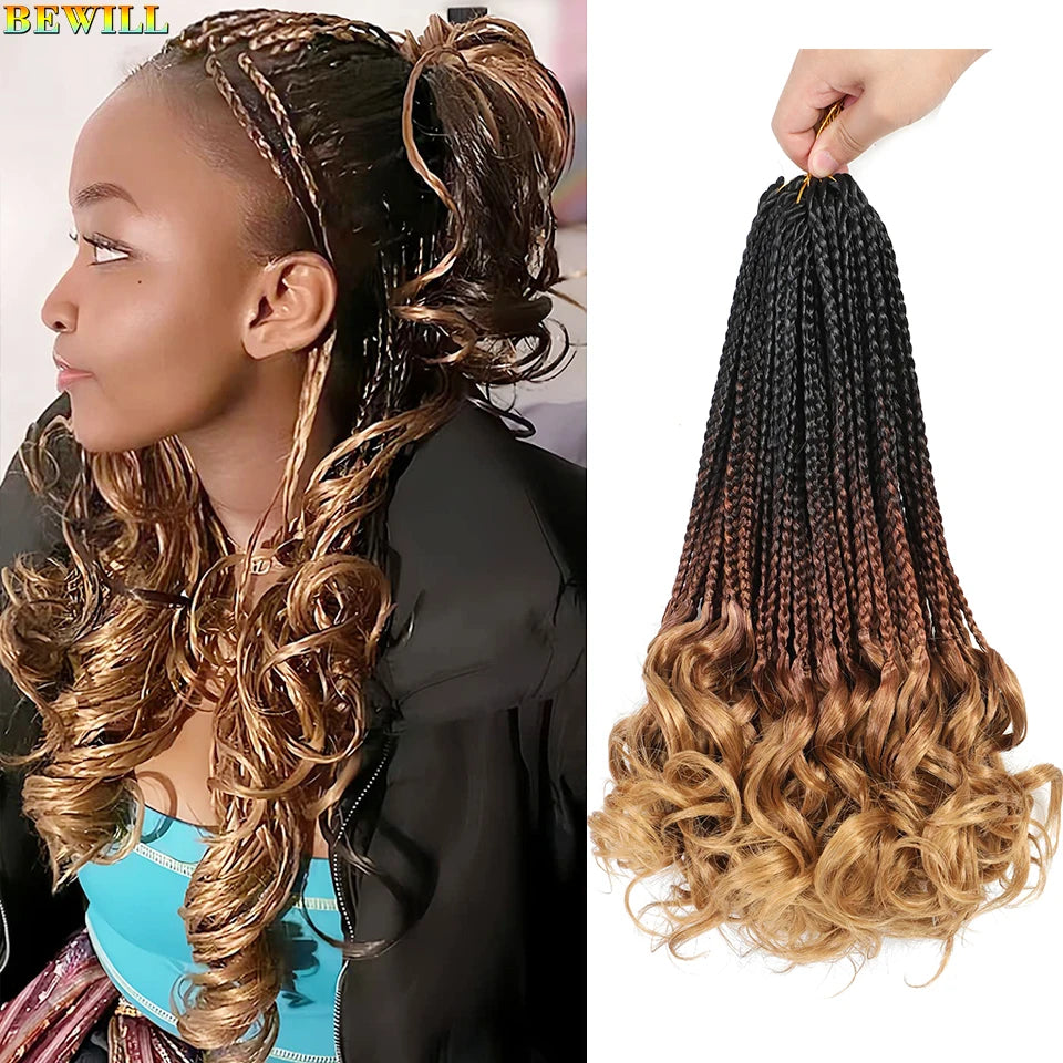 14’’ Synthetic French Curls Crochet Hair Braids Kid-Friendly Ombre Brown to Blonde French Curl Box Braids with Bouncy Curly Ends