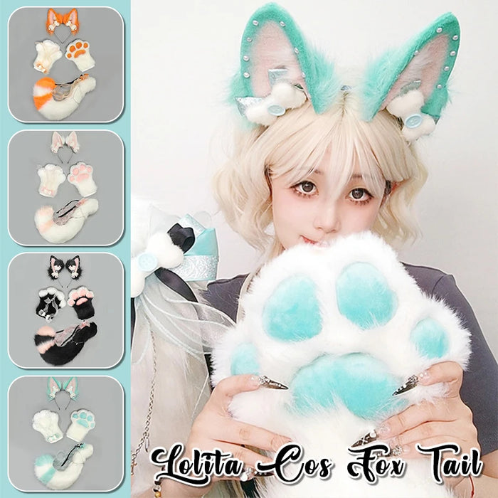 Hand-made Realistic Fluffy Fox Ear Headwear Faux Fur Wolf  Tail Plush Cat Claw Gloves Lolita Anime Exhibition Cosplay Props