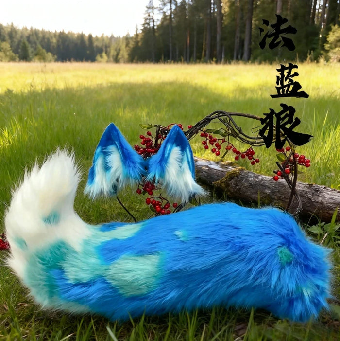 New Hand Made Work Halloween French Blue Wolf King Ears Hairhoop Tail Set Anime DIY Costume Accessories Cosplay Custom Made