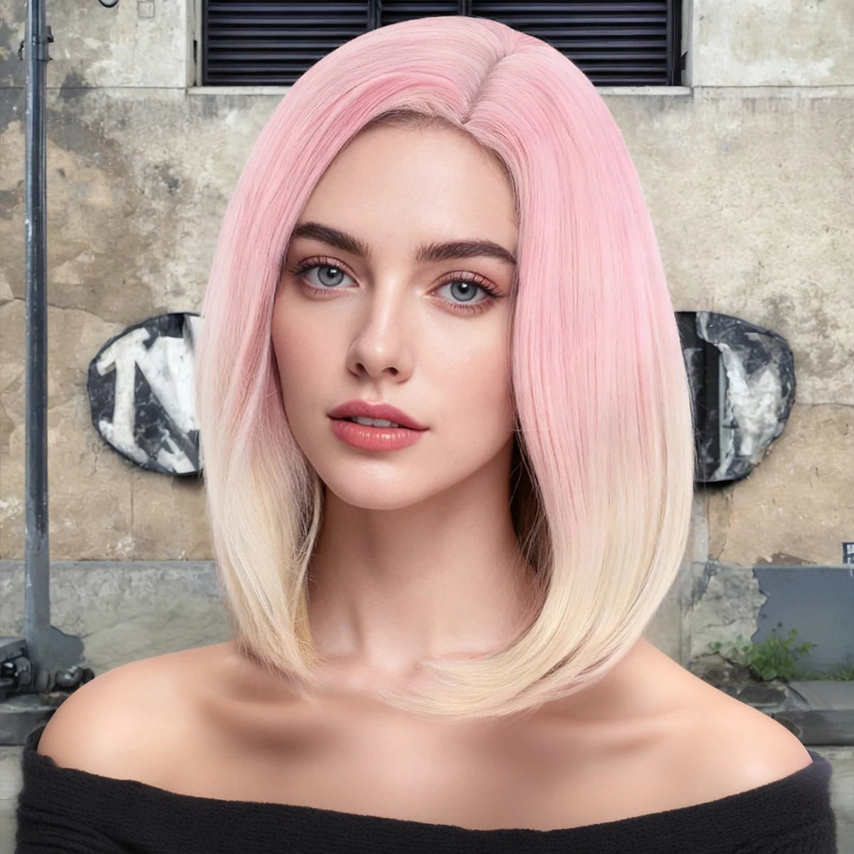 Vibrant Pink to Gold Gradient Shoulder-Length Layered Straight Bob Wig Smooth Silky Chic Street Style synthetic wig