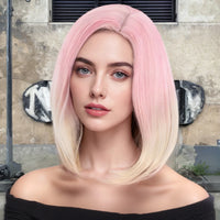 Vibrant Pink to Gold Gradient Shoulder-Length Layered Straight Bob Wig Smooth Silky Chic Street Style synthetic wig