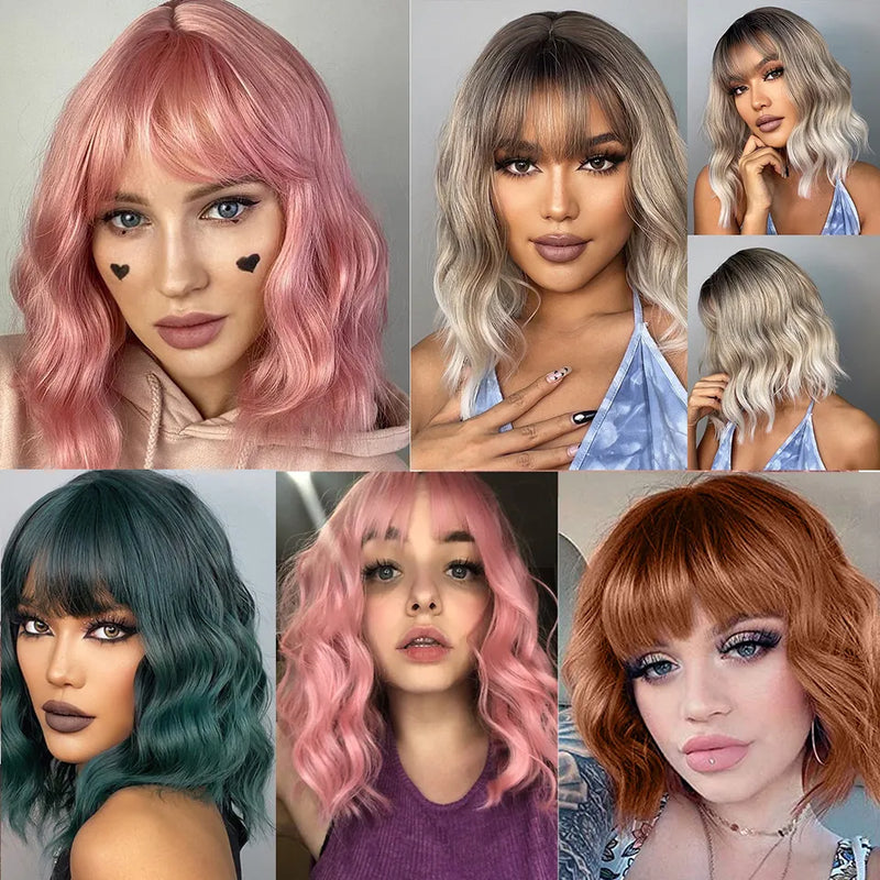 Synthetic Short Bob Wig With Bangs Body Wave Wigs For Women Colorful Cosplay Daily Party Wig Ombre Grey Wigs Heat Resistant 14"