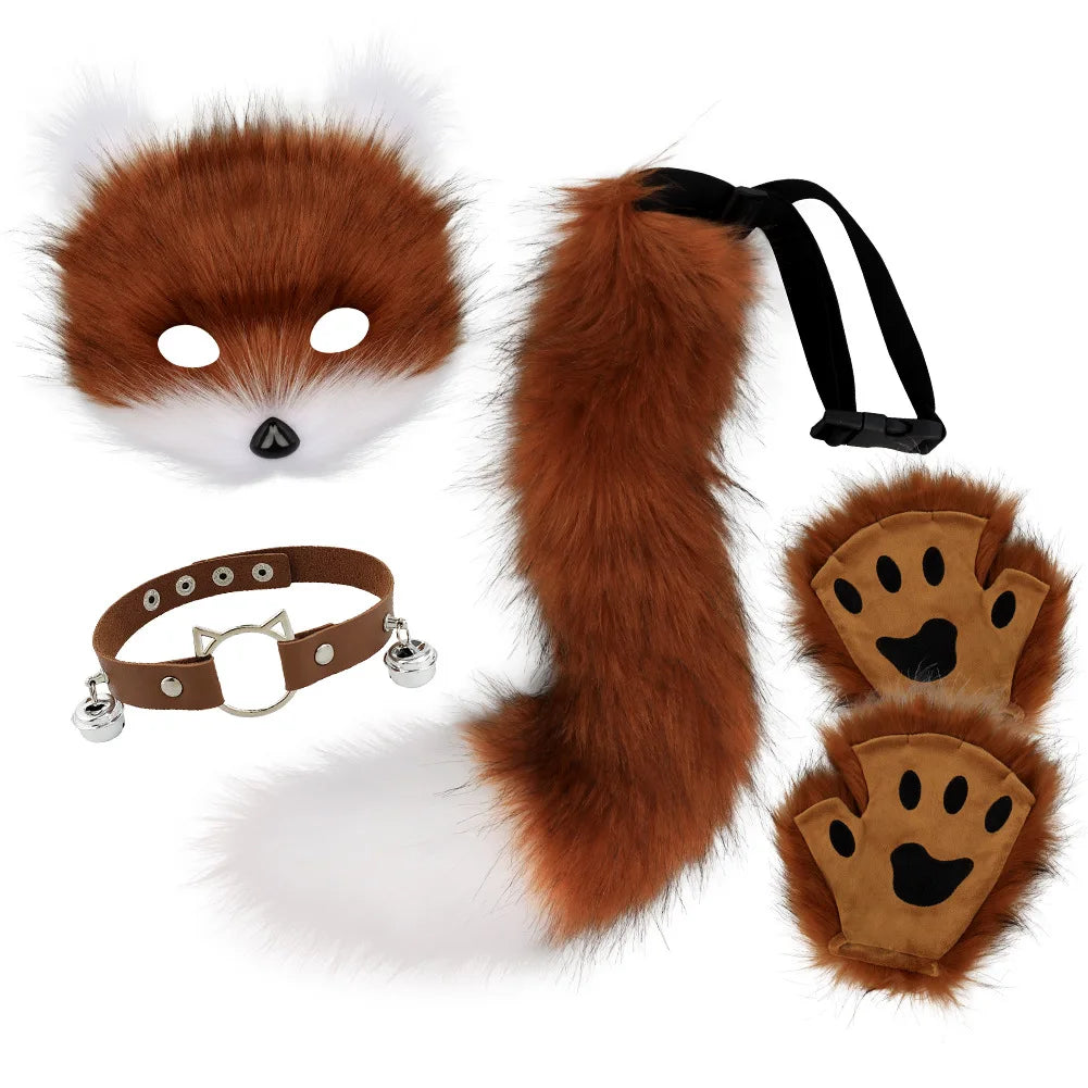 5-Piece Faux Fur Fox Tail Costume Set – Mask, Plush Paw Gloves & Collar for Cat / Wolf Cosplay