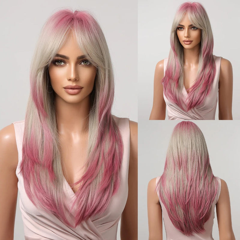 Ombre Light Pink Blonde Long Straight Wig Synthetic Colorful Lolita Cosplay Hair Wigs with Bangs for Women Heat Resistant