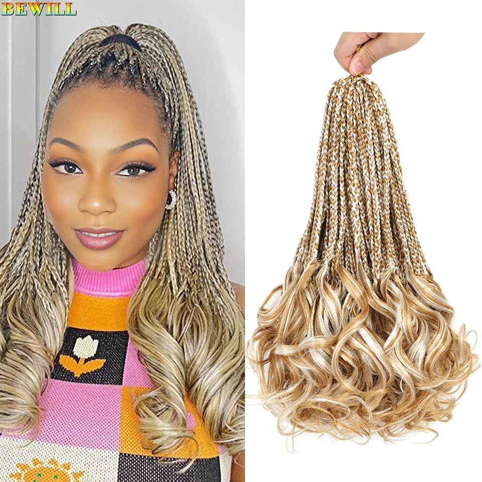14’’ Synthetic French Curls Crochet Hair Braids Kid-Friendly Ombre Brown to Blonde French Curl Box Braids with Bouncy Curly Ends