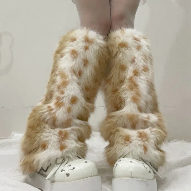 Plush Faux Fur Leg Warmers Leopard Pattern Winter Boot Covers