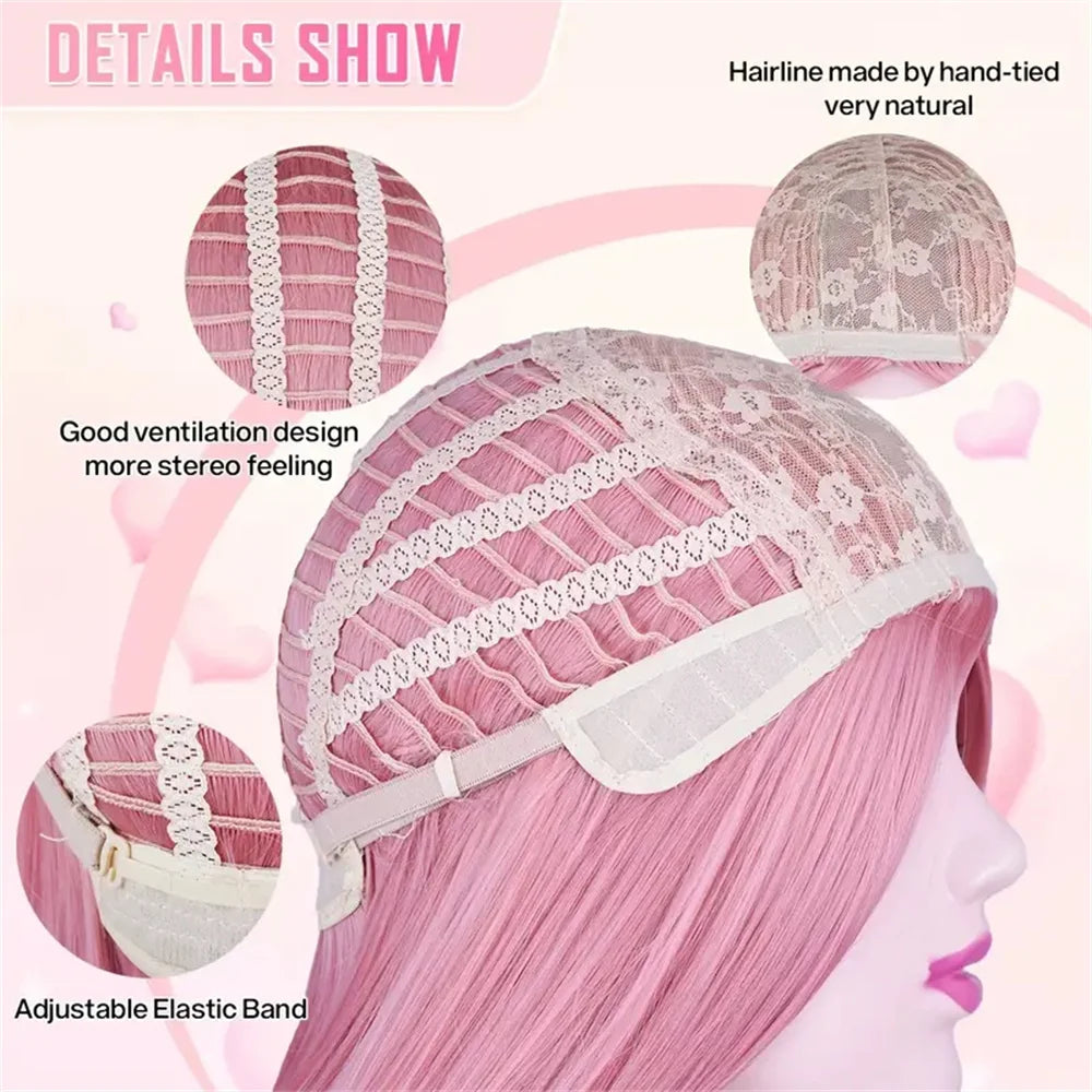26 Inch Long Straight Pink Synthetic Wig – Heat Resistant Middle Part Wig with Wig Cap