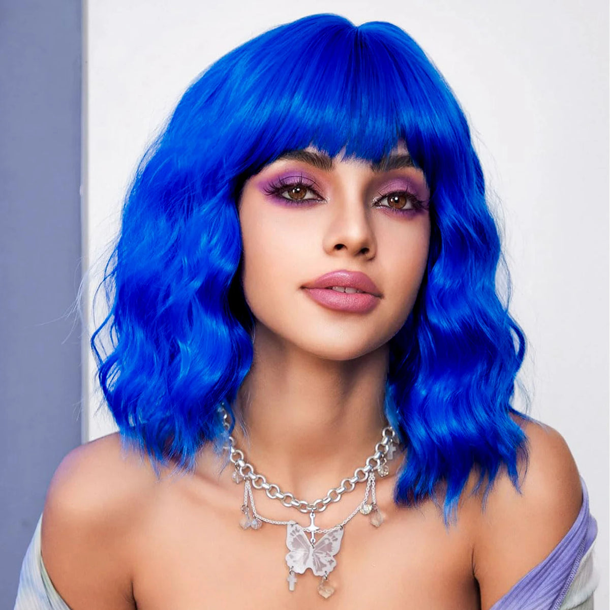 14inch Short Wavy Bob Synthetic Wig with Air Bangs Heat Resistance Shoulder Length Curled Wigs for Daily Use Cosplay for Women