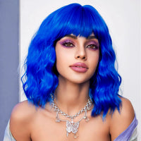 14inch Short Wavy Bob Synthetic Wig with Air Bangs Heat Resistance Shoulder Length Curled Wigs for Daily Use Cosplay for Women