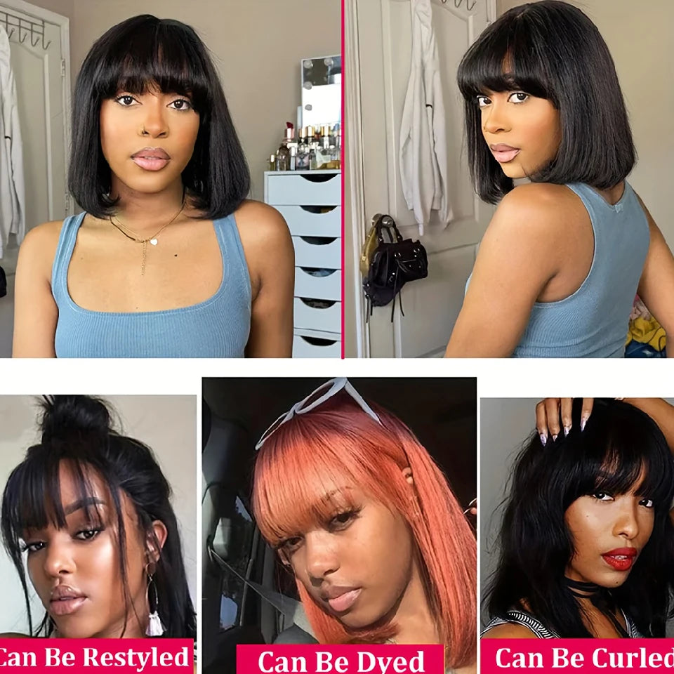 Glueless Straight Bob Wig with Bangs – 100% Human Hair Double Drawn Bob Wig