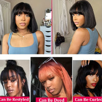Glueless Straight Bob Wig with Bangs – 100% Human Hair Double Drawn Bob Wig