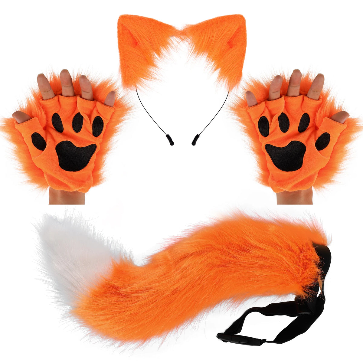 Kawaii Fox Ears & Plush Tail with Cute Paw Set – Soft Anime-Style Cosplay Accessories Kemonomimi Set