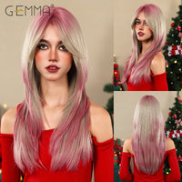 Ombre Light Pink Blonde Long Straight Wig Synthetic Colorful Lolita Cosplay Hair Wigs with Bangs for Women Heat Resistant