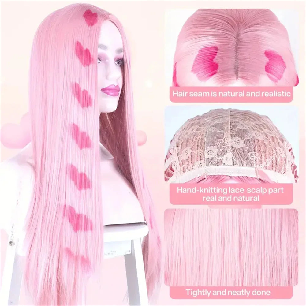 26 Inch Long Straight Pink Synthetic Wig – Heat Resistant Middle Part Wig with Wig Cap