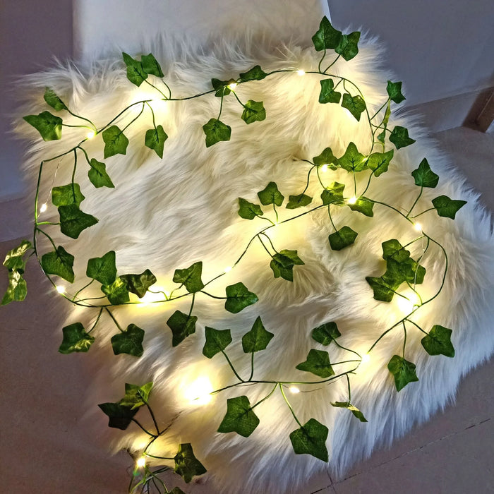 2Meter Silk Fake Green Leaf Ivy Vine with LED Lights String for Home Bedroom Decor Wedding Glowing Artifical Plant Garland Decor