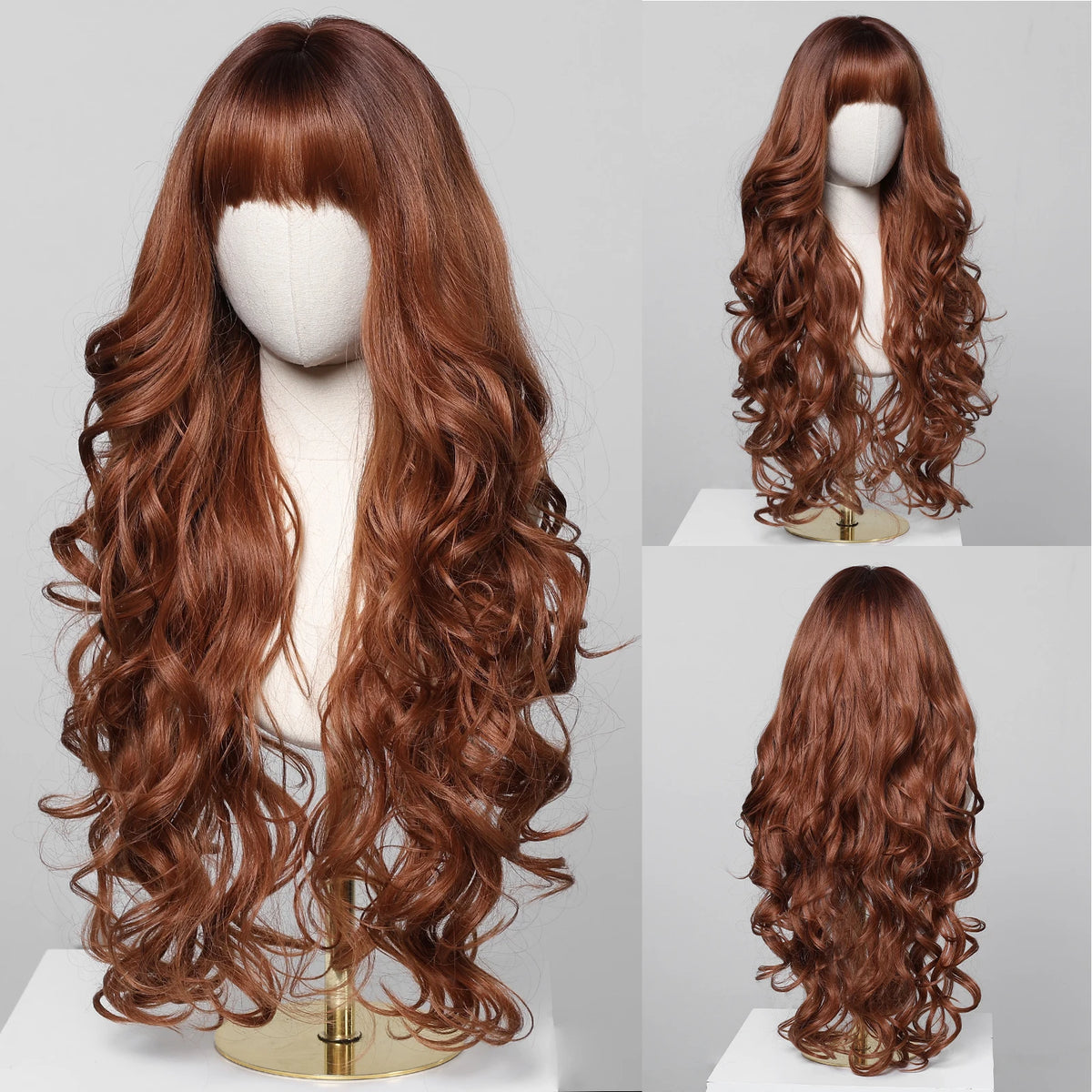 Brown Wavy Wigs for Women with Bangs Long Natural Synthetic Hair Wig Daily Cosplay Heat Resistant