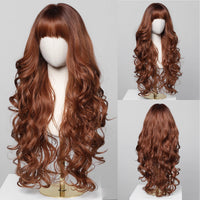 Brown Wavy Wigs for Women with Bangs Long Natural Synthetic Hair Wig Daily Cosplay Heat Resistant