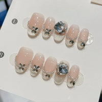 10pcs Blue Nude Cat Eye Press-On Nails, Short Almond Shiny Finish with Rhinestone Accent