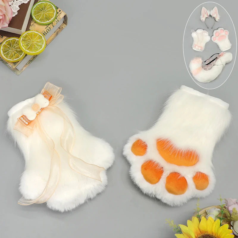 Hand-made Realistic Fluffy Fox Ear Headwear Faux Fur Wolf  Tail Plush Cat Claw Gloves Lolita Anime Exhibition Cosplay Props
